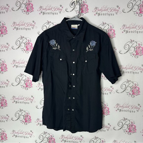 Hurley button tshirt top Men's Black Embroidered Shirt floral tattoo - Picture 4 of 6